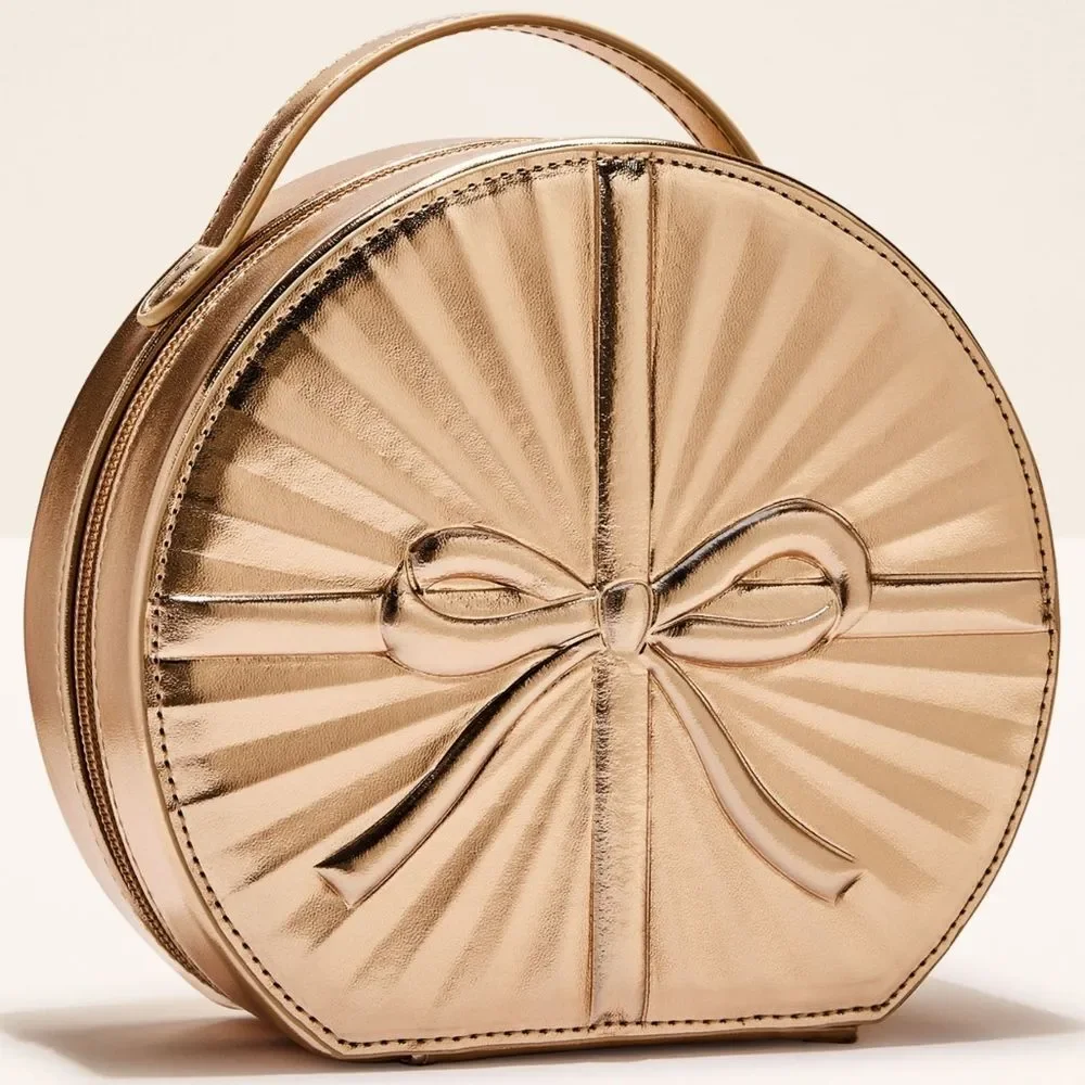 Bath Body Works Elegant Gold Bow Round Cosmetic Bag with Mirror Inside NEW